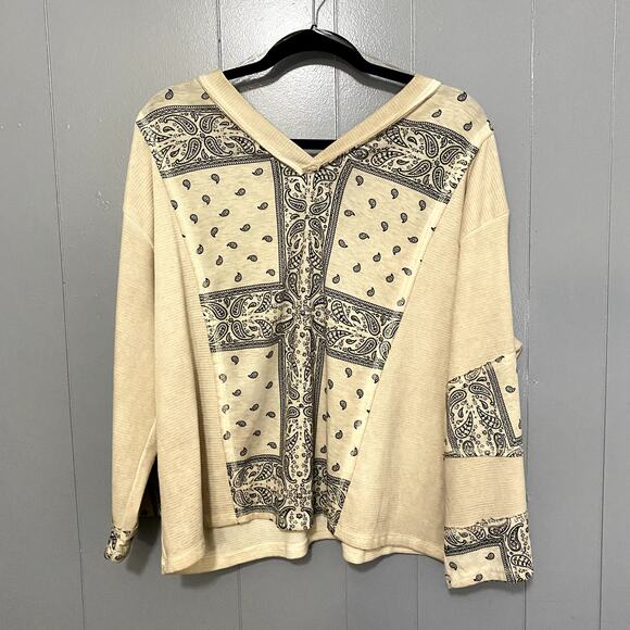 POL Cream Patchwork Bandana V-neck Oversized Multi Media Boho Western Top S - Picture 5 of 6